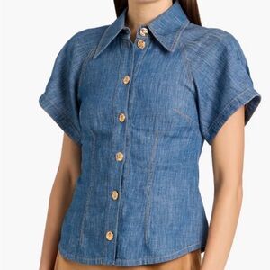 Zimmermann Blue Denim Button-Down Shirt with gold buttons, Size 3